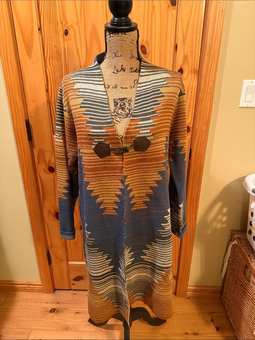 Aspen Southwestern Open-Front Sweater Coat in Blue and Browns Sz Medium